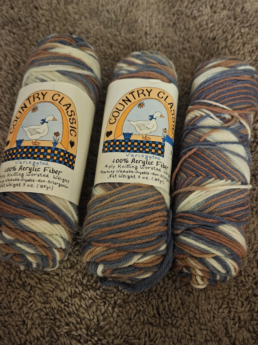 Country Classic Variegated Acrylic Yarn - Blue, Cream & Brown